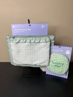 Dabney Lee | Spring Mint Gingham Green Travel Zip Bags w/ Laundry Bag Set (3)